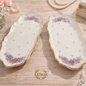 Lenox Petite Rose Relish Tray Set Gold Trim Floral Porcelain Candy Ring Dish EUC